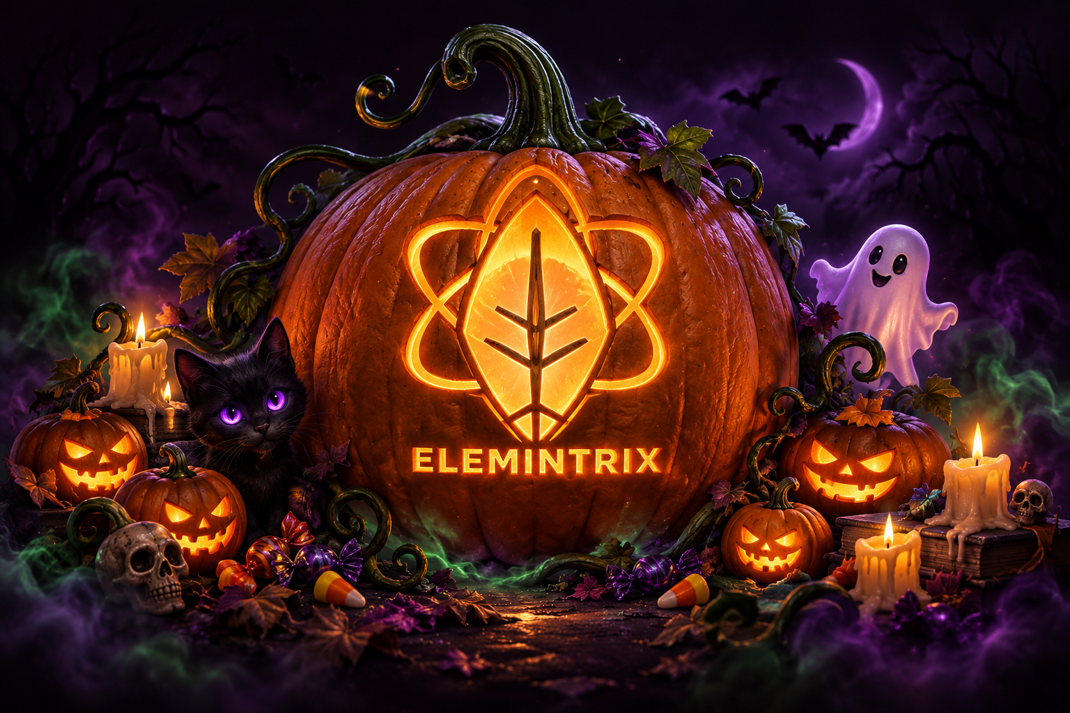 A glowing pumpkin carved with the Elemintrix emblem, surrounded by jack-o’-lanterns, candles, candy, a black cat, and a friendly ghost in purple and green mist.