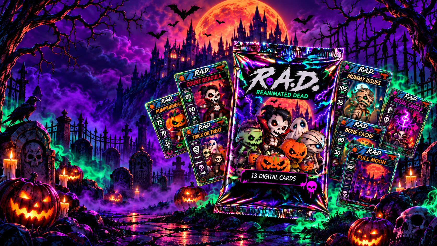 Reanimated Dead holographic booster pack surrounded by collectible Halloween trading cards in a haunted graveyard.